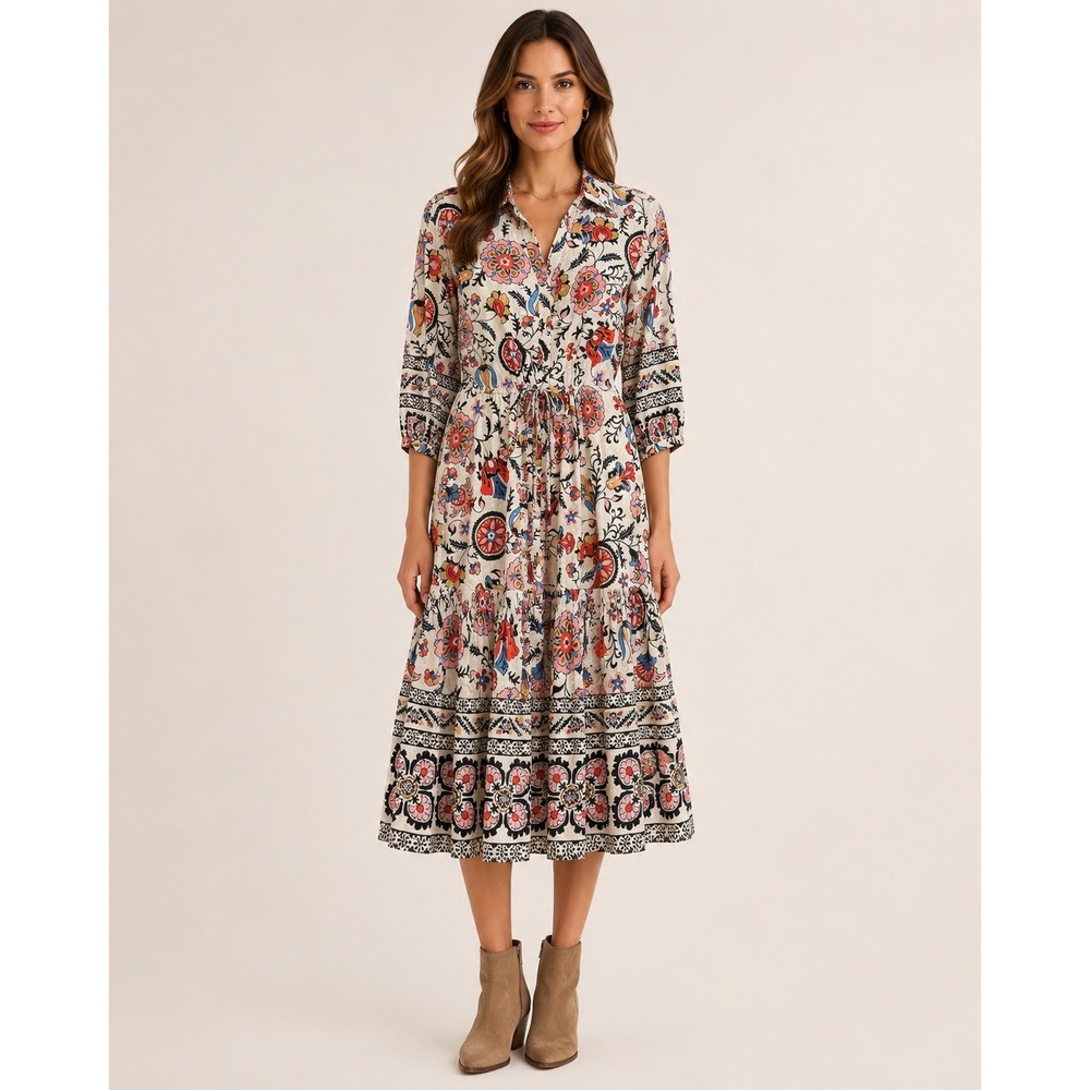 Cara Cara Womens‎ S Hutton Dress Turtledove Botanical Floral 100% Cotton